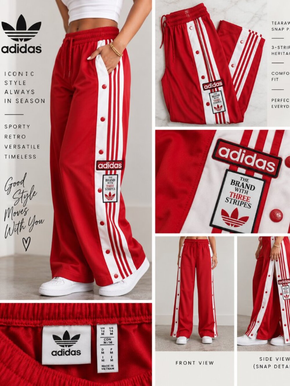 Adidas Originals Women’s Red White 3-Stripe Snap Tearaway Track Pants M
